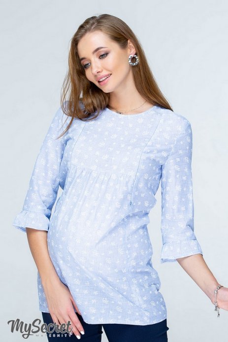 Блуза Alisha для беременных и кормящих батист полоска цветочки голубой