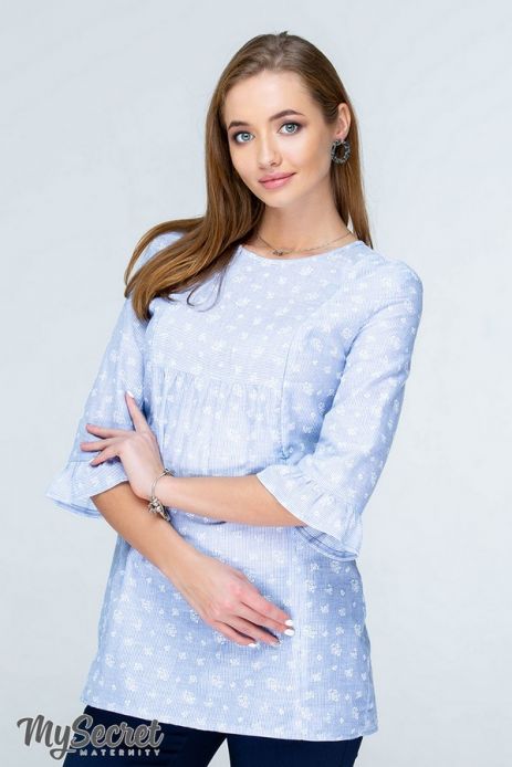 Блуза Alisha для беременных и кормящих батист полоска цветочки голубой