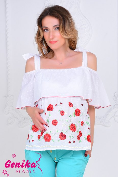 Блуза для беременных и кормящих вышитые красные цветы на белом