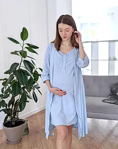 Комплект халат+ ночнушка для беременных и кормящих пастельный голубой