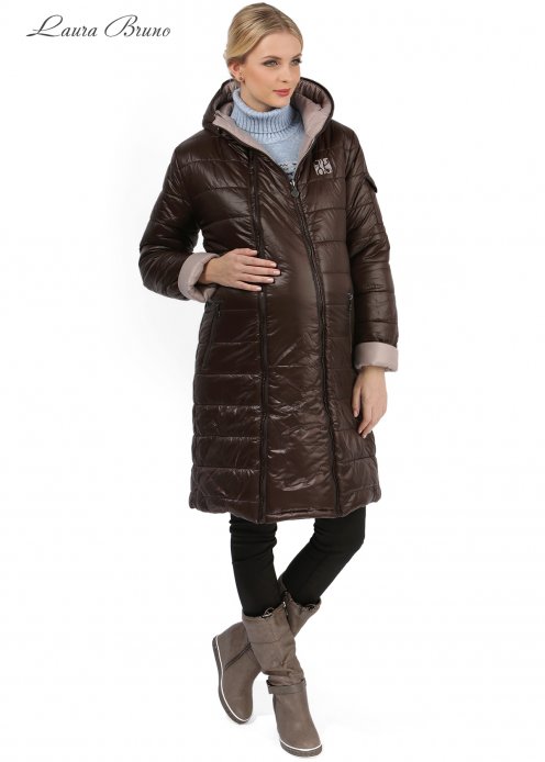 Куртка зимова 2в1 Laura Bruno двостороння коричнево-бежева для вагітних