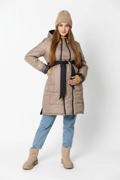 Куртка зимова 2в1 Марго двостороння для вагітних бежевий/принт олені