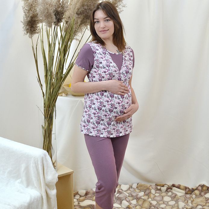 Пижама с капри для беременных и кормящих цветы лиловый