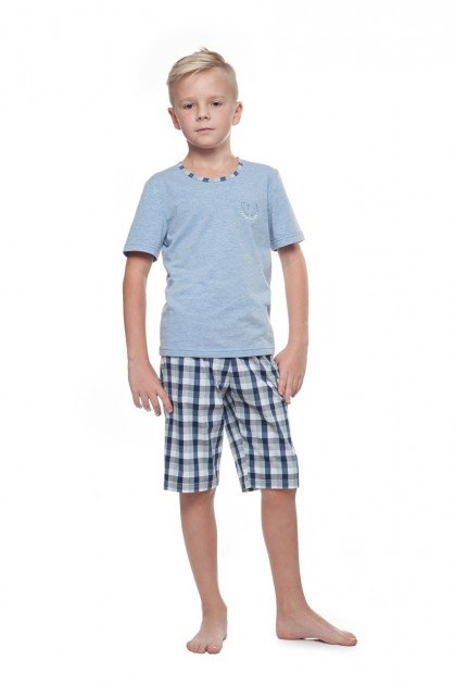 Пижама для мальчика клетка голубой серый меланж