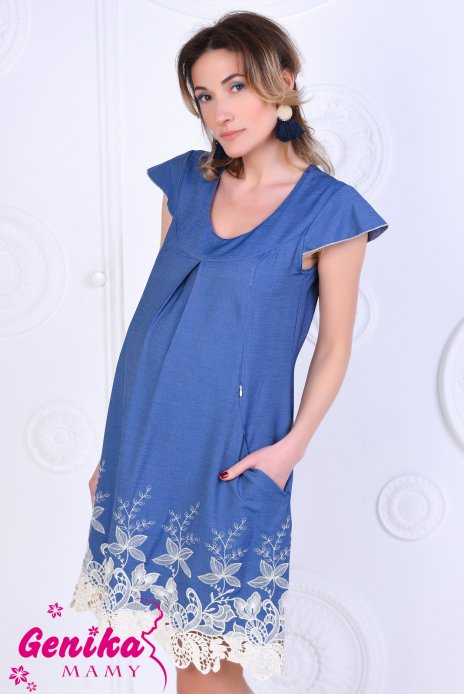 Платье джинс с вышивкой синий для беременных