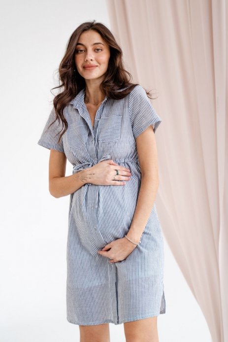 Платье-рубашка для беременных и кормящих полоска серый