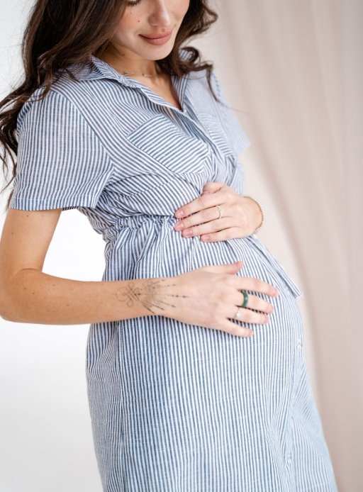 Платье-рубашка для беременных и кормящих полоска серый