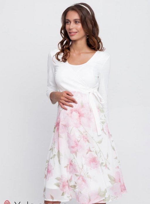 Платье Scarlett для беременных и кормящих молочный с розовыми цветами