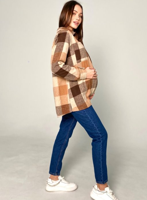 Рубашка клетка для беременных бежевый