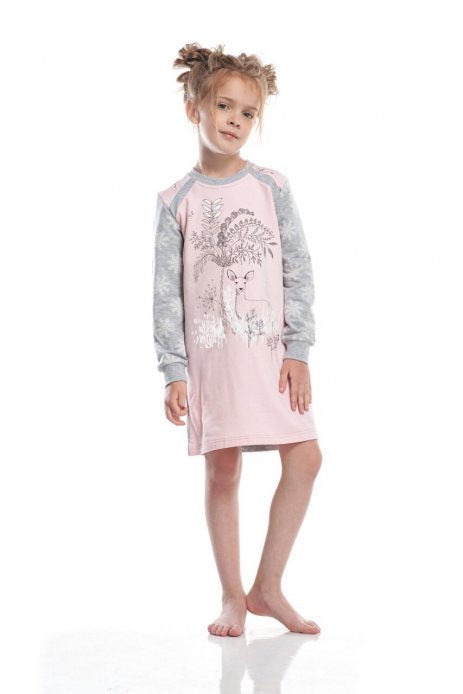 Сорочка для девочки GND 012/001 принт "косуля" розово/серый меланж