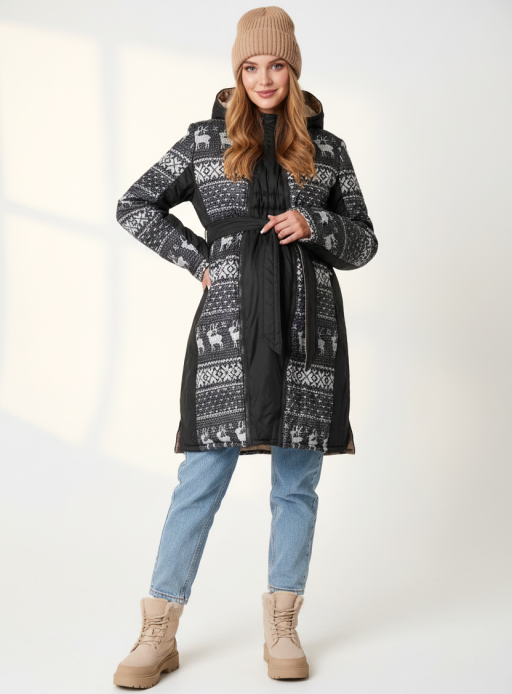 Куртка зимова 2в1 Марго двостороння для вагітних графіт/принт олені