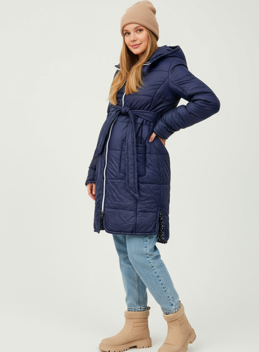 Куртка зимова 2в1 Марго двостороння для вагітних синій/сердечка на білому