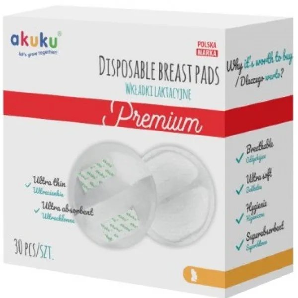 Лактационные одноразовые вкладыши PREMIUM 30шт Akuku