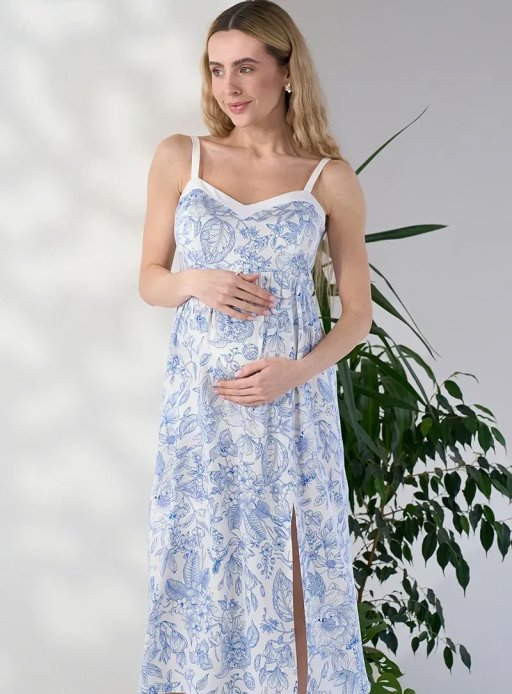 Сарафан Amelie для беременных и кормящих молочный с синим принтом цветы